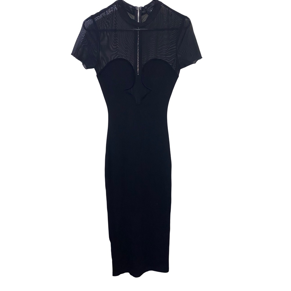 Akira Black Mesh Yoke Ribbed Bandage Bodycon Midi Dress Short Sleeve Mock Neck S